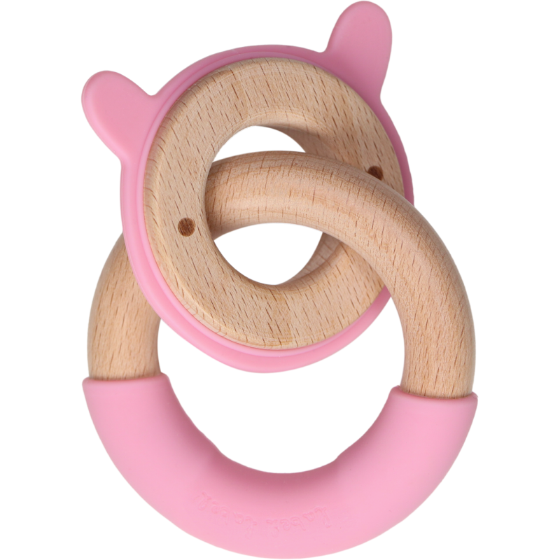 LABEL LABEL Teether wood & Silicone bear head & silicone pink